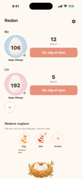 NameBirds startskærm med to babyæg og nedtælling til deres Klækkedag