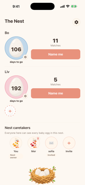 The NameBird home screen, showing two baby eggs counting down to their Hatching Day