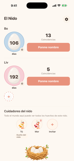 La pantalla de inicio de NameBird, con dos huevos y su cuenta atrás hasta el Día de la Eclosión